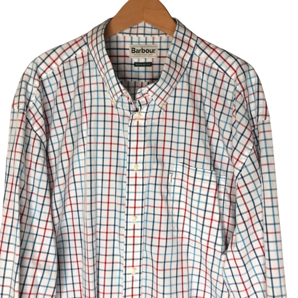 Barbour Large Checks Button Down Collar Shirt Cotton White Blue Long Sleeve XXL - Picture 2 of 13